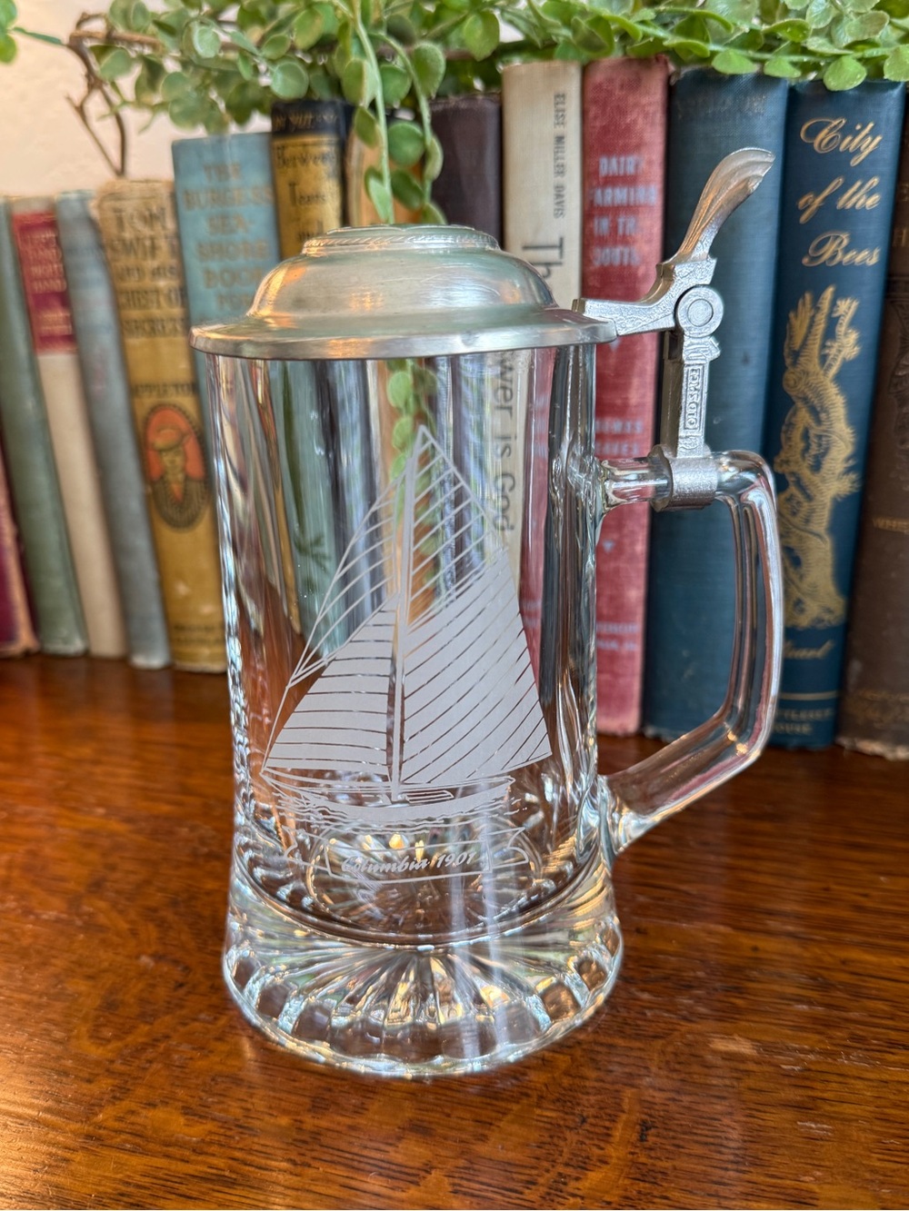 Vintage West German Beer Stein with Clipper Ship Pewter and Glass